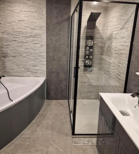 une salle de bain avec une douche, une baignoire et un lavabo dans l'établissement Maison du chateau vert, à Vriange