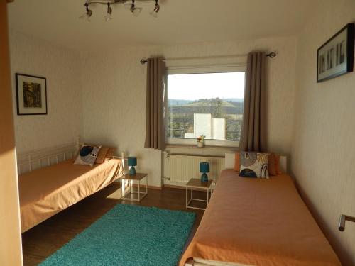 deux lits dans une chambre avec une fenêtre dans l'établissement Ferienwohnungen Ferienhaus Nähe Winterberg Upland, à Bromskirchen