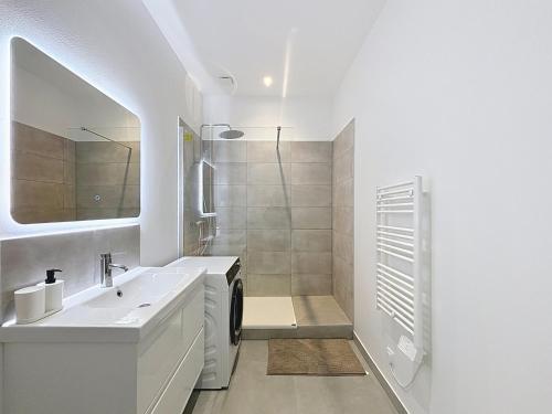 une salle de bain avec un lavabo et une machine à laver dans l'établissement Gordes Centre-Historique téléphérique, à Grenoble