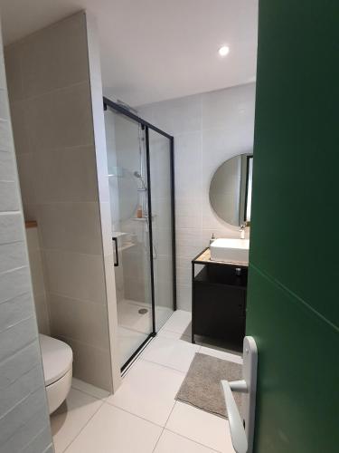 une salle de bain avec une douche, des toilettes et un lavabo dans l'établissement L'Echappée Belle entre Loire et Collines, à Iguerande