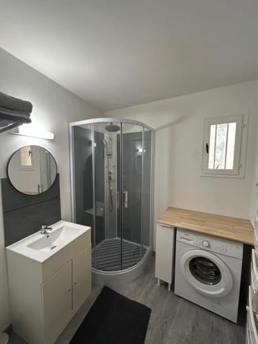 une salle de bain avec douche et lavabo et une machine à laver dans l'établissement La Vue du Rhône, à Arles