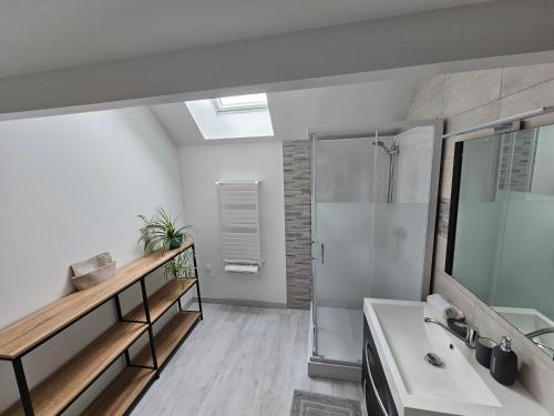 a bathroom with a sink and a shower at La petite Longère de Vin'Ay in Vinay