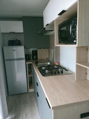 La cuisine est équipée d'un réfrigérateur blanc et d'un four micro-ondes. dans l'établissement Mobil home, à Talmont-Saint-Hilaire