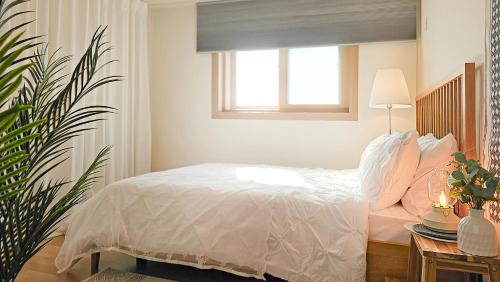 a bedroom with a bed with a window and a plant at Lucky Vicky House in Seoul