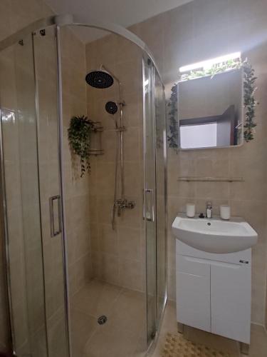 a bathroom with a shower and a sink at Orange Studio on Sunny Day 6 Complex in Tŭnkovo
