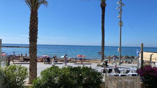 a beach with palm trees and people on the beach at Blue house 1ª linea playa in Torrevieja
