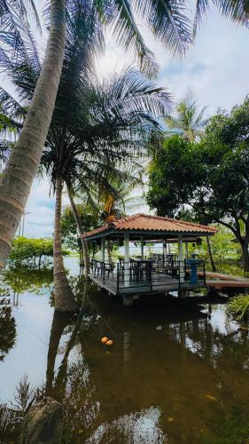 a pier with palm trees next to a body of water at Hotel Milenium in Kurundankulama