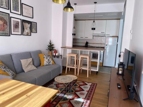 ein Wohnzimmer mit Couch und Küche in der Unterkunft Aeropuerto - IFEMA 2 in Madrid