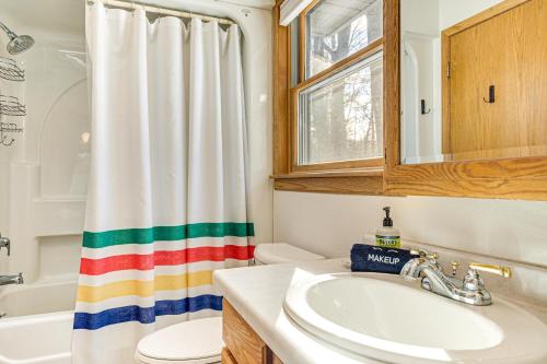 a bathroom with a sink and a toilet and a shower curtain at Lakefront Home with Private Beach in Rhinelander! in Rhinelander