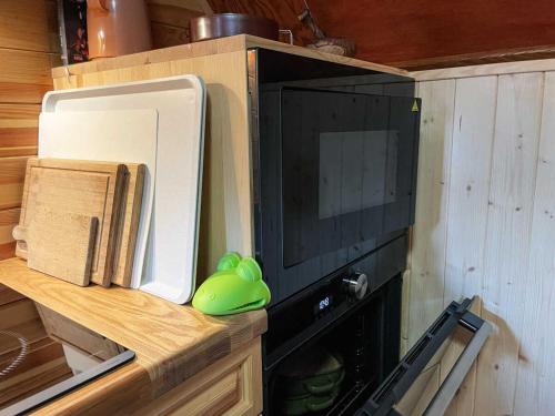 a microwave oven sitting on a counter in a kitchen at Chata Severka s Wellness in Rokytnice v Orlických Horách