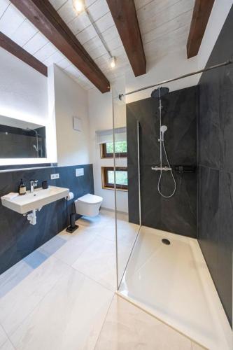 a bathroom with a shower and a sink at Ferienhaus Gersmühle in Satteldorf