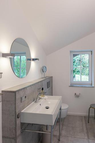 a bathroom with a sink and a mirror and a toilet at Schmalfelden No 95 in Schmalfelden