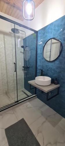 a bathroom with a sink and a glass shower at Complex Turistic Hor'A in Slănic