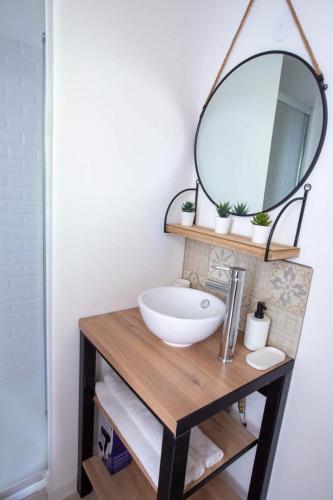 une vanité de salle de bain avec un lavabo et un miroir dans l'établissement LE PETIT PRINCE du DESERT, à Moissac