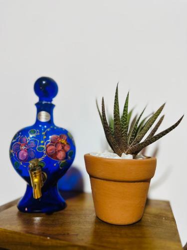 a blue vase and a potted plant on a table at La Casa Bella in Ella