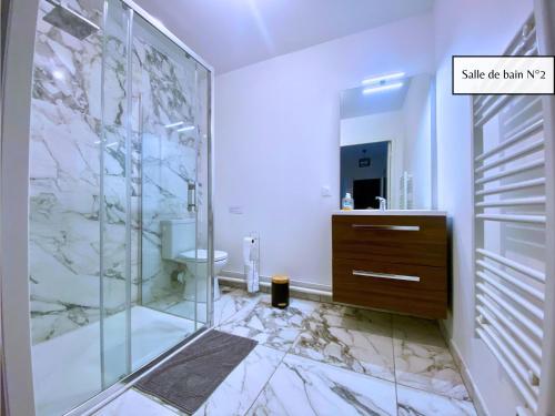 a bathroom with a glass shower and a sink at L'Éclat Champenois - Terrasse-Gare-Arena in Reims