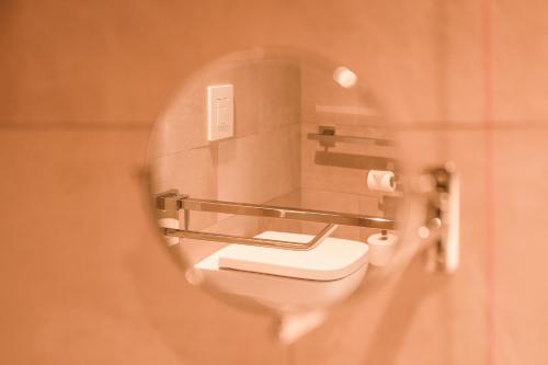 a bathroom with a toilet and a mirror at Hotel Platzhirsch in Fulda