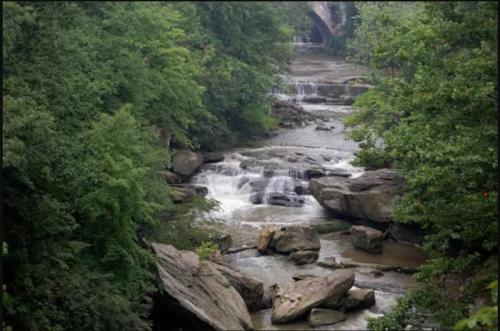 a river with rocks and waterfalls in a forest at NEW! Modern Retreat Near CLE-Game Room-Renovated in Berea