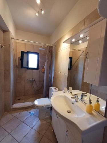 a bathroom with a sink and a toilet and a shower at Ktima Pyroessa Apartments - Yellow Apartment in Thános
