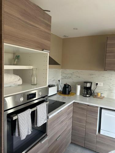 d'une cuisine équipée d'une cuisinière en acier inoxydable et de placards. dans l'établissement La villa du Bau Reddoun ,piscine ,jardin , jolie vue sur Callian, calme et serenite, à Montauroux