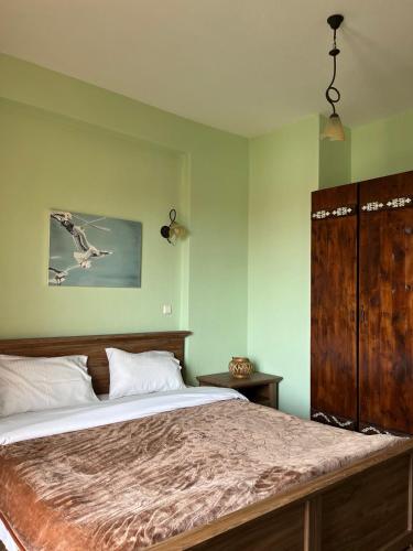 a bedroom with a large bed with green walls at Ξενώνας Κερκινίτης in Lithótopos