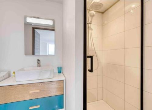 une salle de bain avec un lavabo et une douche dans l'établissement Basilique IX, à Douvres-la-Délivrande