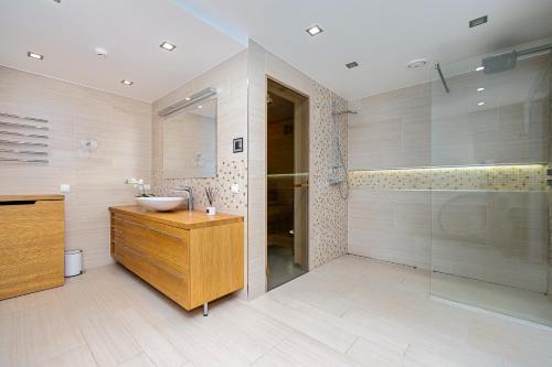 a bathroom with a sink and a shower at Magnolia House with Indoor Swimming Pool and Sauna in Tallinn