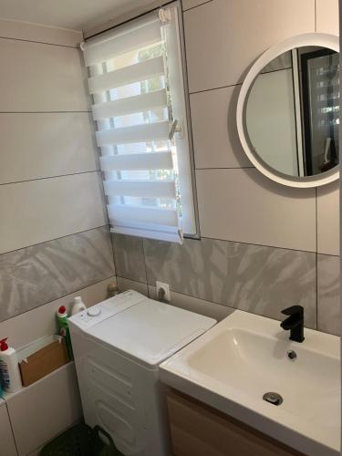 une salle de bain avec un lavabo et un miroir dans l'établissement Zen à vallongue, à Bandol