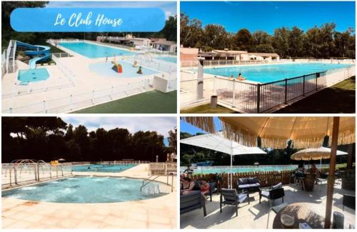 un collage de quatre photos d'une piscine dans l'établissement Résidence Lauriers - Appartement T3 dans le Domaine de la Coudoulière a proximité de la mer MAE-7021, à Six-Fours-les-Plages