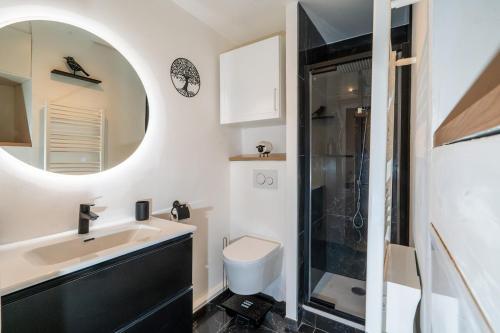 une salle de bain avec un lavabo, des toilettes et un miroir dans l'établissement La Cabane atypique de la Gare Matabiau, à Toulouse