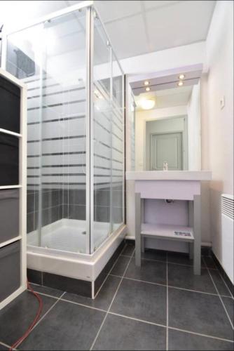 une douche en verre dans une salle de bain avec un lavabo dans l'établissement Résidence Cap Camargue - Un sympathique appartement dans une résidence avec piscine MAE-5391, au Grau-du-Roi