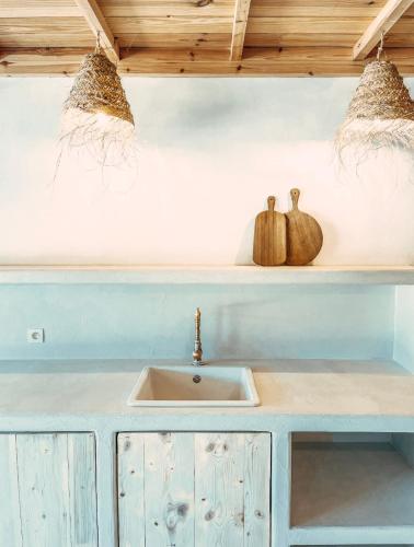 - un comptoir de cuisine avec évier et 2 citrouilles sur une étagère dans l'établissement Domaine Le Clos Bohème, à Baron