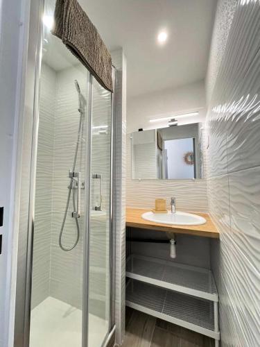 une salle de bain avec douche et lavabo dans l'établissement Résidence Le Lagon Bleu - Studio cabine 4 couchages avec piscine MAE-7111, au Grau-du-Roi