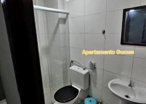 a bathroom with a toilet and a sink at Apartamento Gomes Wi-Fi Aviação P Grande in Praia Grande