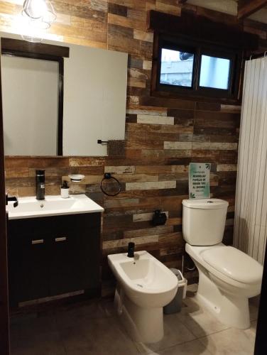 a bathroom with a toilet and a sink and a mirror at Gran Cabaña Dos Yacanto in Villa Yacanto