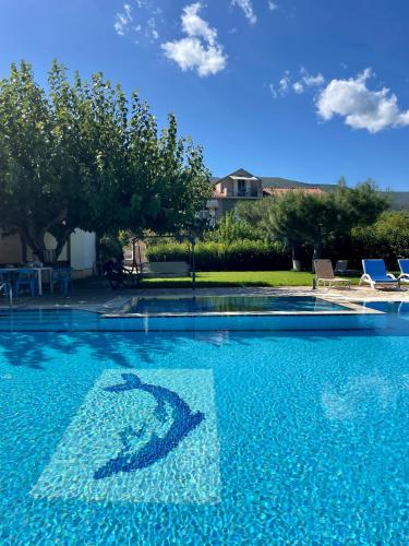 a swimming pool with a dolphin painted on it at Stalaktites Studios in Sami