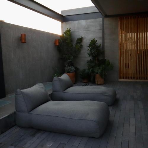 a living room with two couches and potted plants at Hotel Boutique Sina in Guadalajara