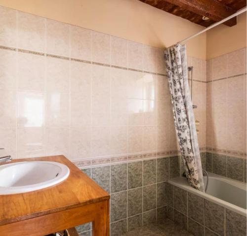 a bathroom with a sink and a tub at Gîte de Lafargue - maison en pierre lumineuse in Cazes-Mondenard