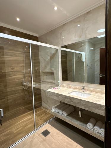 un baño con lavabo y ducha en Parque Hotel Manantial, en Hohenau
