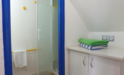 La salle de bains est pourvue d'une douche et d'une serviette sur un comptoir. dans l'établissement VVF Les Plages de Guérande La Turballe, à La Turballe