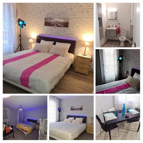 un collage de quatre photos d'une chambre dans l'établissement Appartement charmant au pied des thermes, à Amélie-les-Bains-Palalda