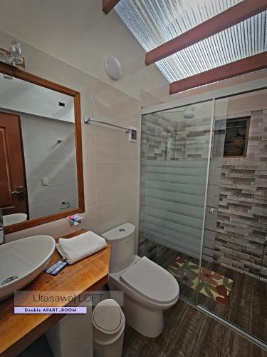 a bathroom with a toilet and a sink and a shower at Utasawa Loft APART in Comunidad Yumani