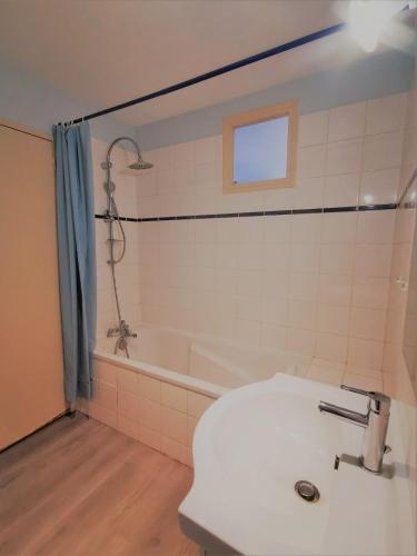une salle de bain avec un lavabo et une baignoire dans l'établissement T2 Cosy, proche gare, à Vienne