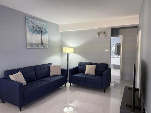a living room with two blue couches and a television at Hilltop Condos Unit #4 in Gros Islet