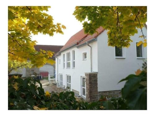 a white house with a red roof at Holiday Apartment Haus Turmblick in Großzschepa