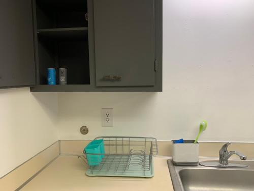 a kitchen sink with a dish rack on the counter at Central Bellevue Retreat in Bellevue