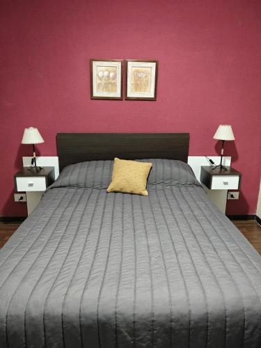a bedroom with a bed with a yellow pillow on it at El lago Apart in Sarmiento