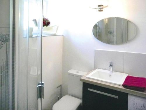 une salle de bain avec toilettes, lavabo et miroir dans l'établissement Stone House in Plougasnou near Sandy Beach, à Plougasnou