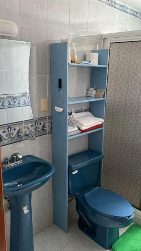 a bathroom with a blue toilet and a sink at Departamento céntrico en Boca del Rio con alberca in Boca del Río