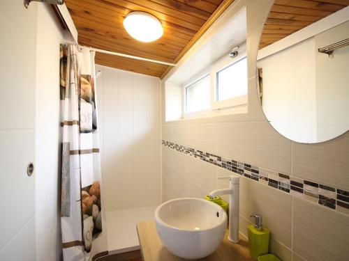 une salle de bain avec un lavabo et un miroir dans l'établissement Appartement spacieux au Mont-Dore : 10 couchages, WIFI, proche thermes, animaux acceptés - FR-1-415-72, à Le Mont-Dore